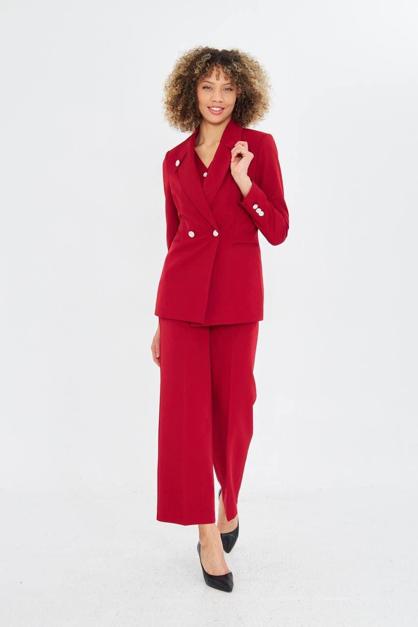 Ensemble Tailleur Pantalon 3 Pièces Veste Croisée Rouge 2