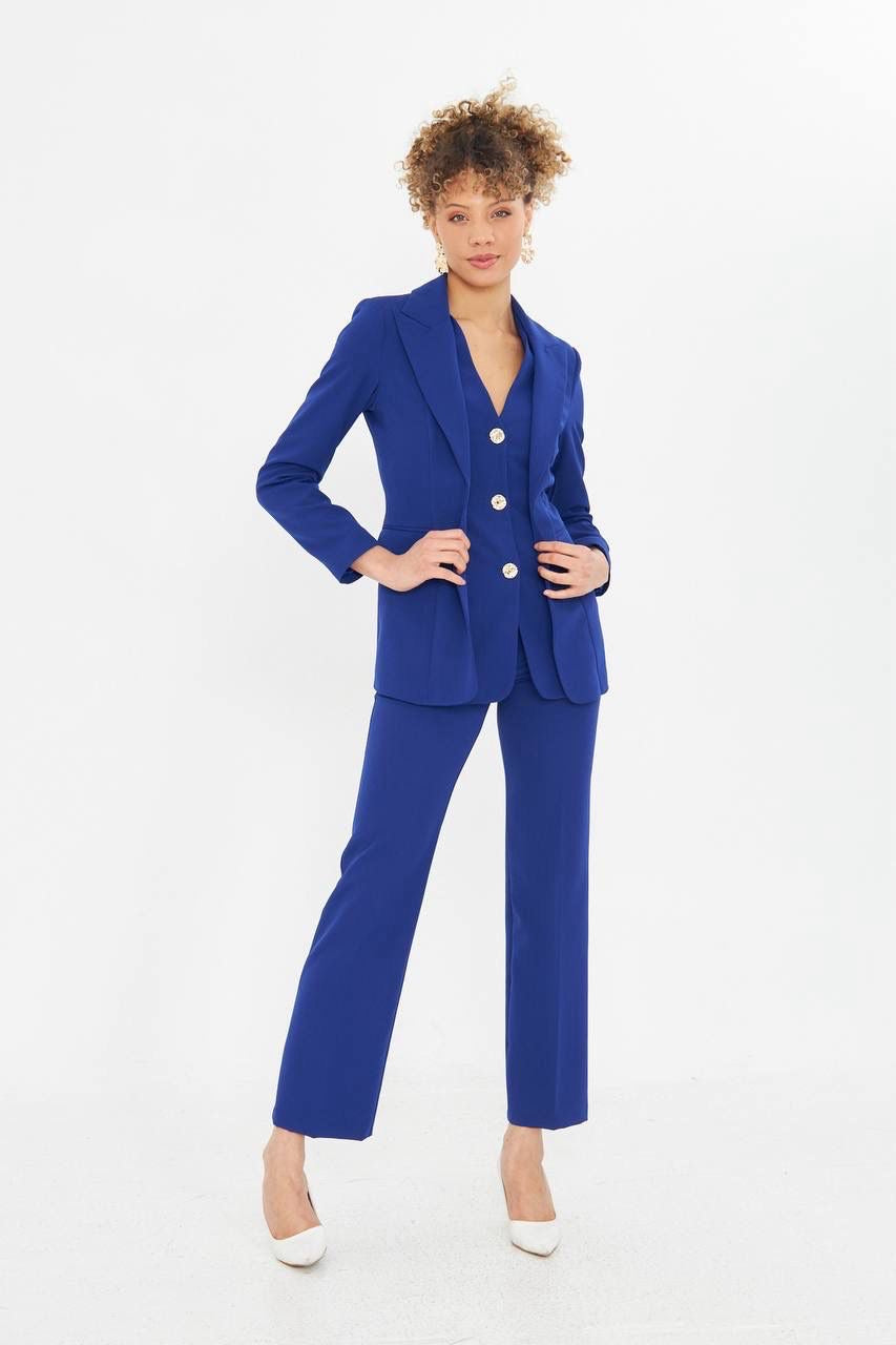 Ensemble Tailleur Pantalon 2 Pièces Veste Droite Bleu 2