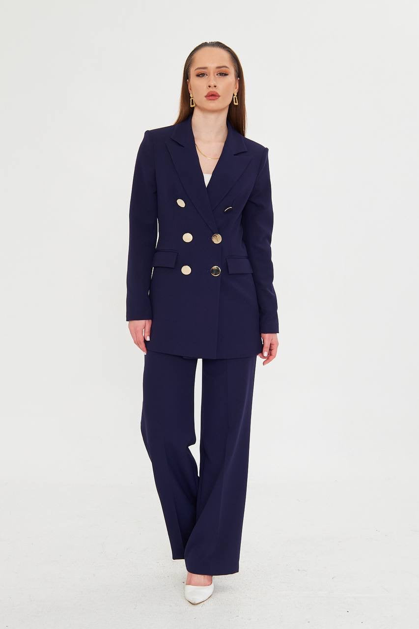 Ensemble Tailleur Pantalon Veste Croisée Bleu 2