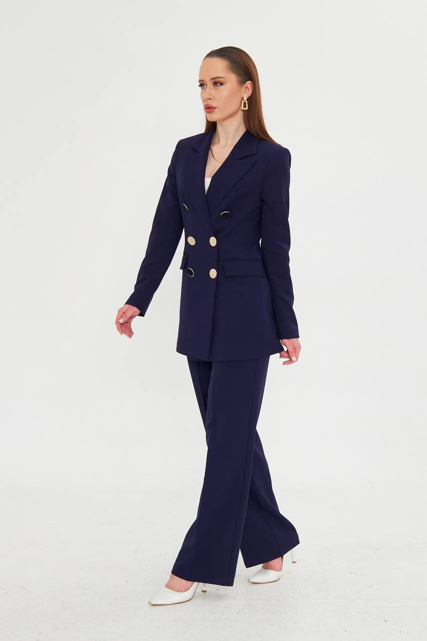 Ensemble Tailleur Pantalon Veste Croisée Bleu 2