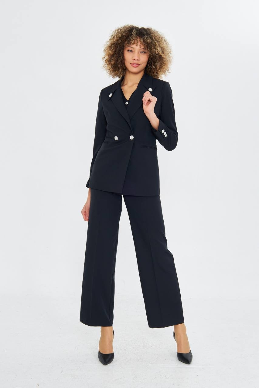 Ensemble Tailleur Pantalon 3 Pièces Veste Croisée Noir 2