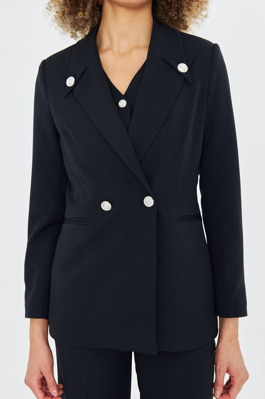 Ensemble Tailleur Pantalon 3 Pièces Veste Croisée Noir 2