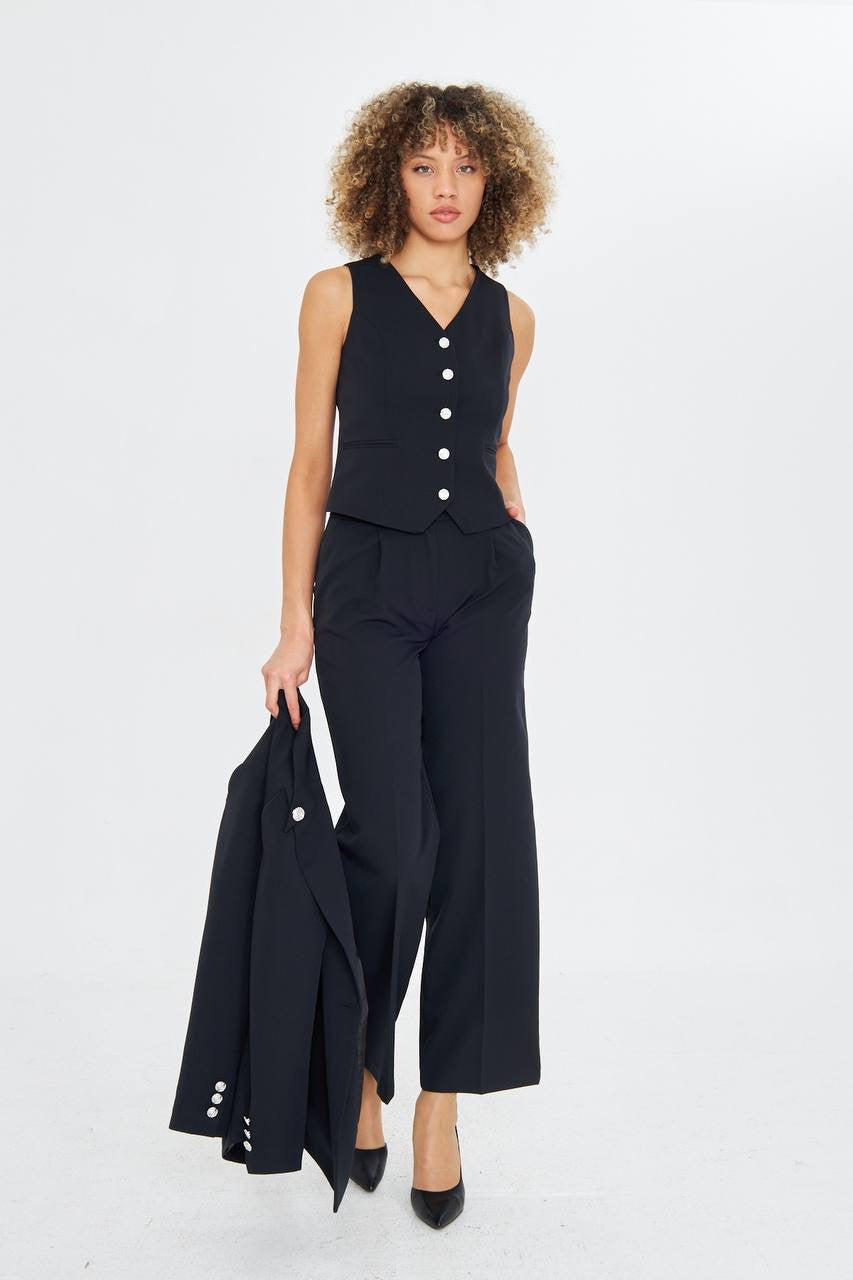 Ensemble Tailleur Pantalon 3 Pièces Veste Croisée Noir 2