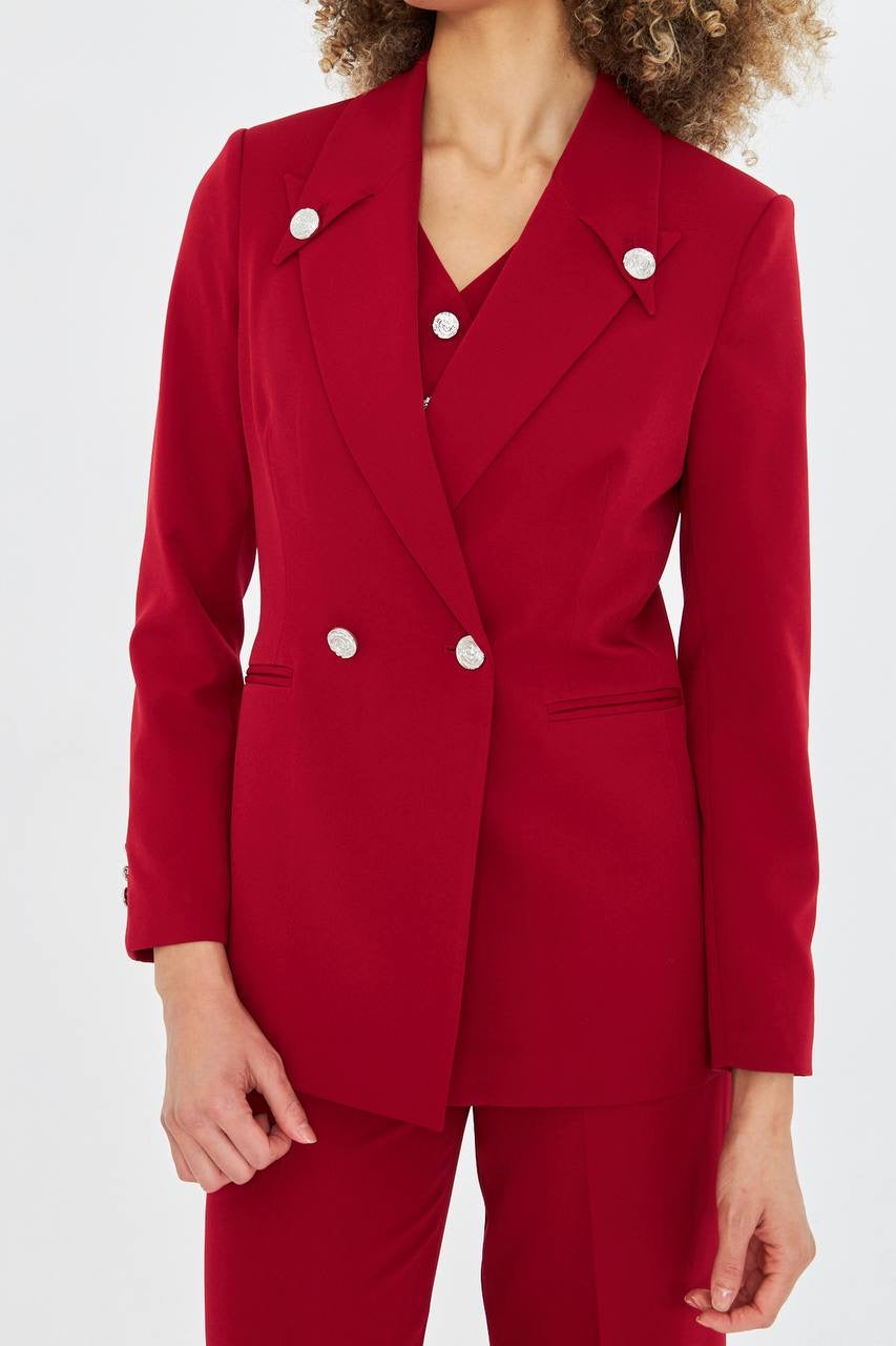 Ensemble Tailleur Pantalon 3 Pièces Veste Croisée Rouge 2