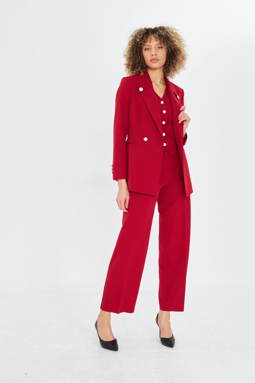 Ensemble Tailleur Pantalon 3 Pièces Veste Croisée Rouge 2