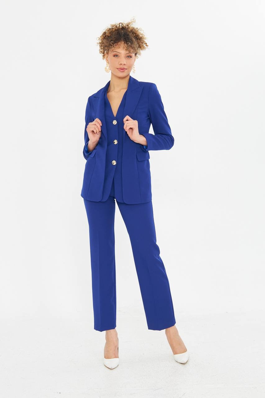 Ensemble Tailleur Pantalon 2 Pièces Veste Droite Bleu 2
