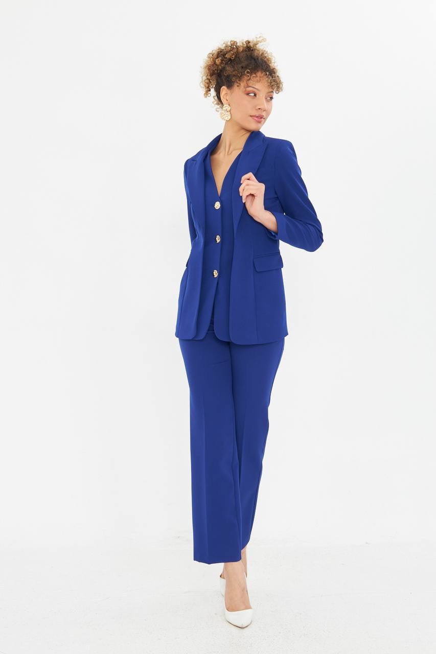 Ensemble Tailleur Pantalon 2 Pièces Veste Droite Bleu 2