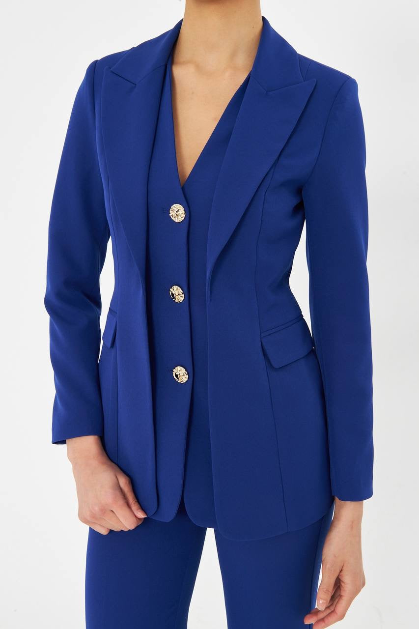 Ensemble Tailleur Pantalon 2 Pièces Veste Droite Bleu 2