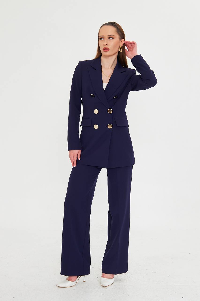 Ensemble Tailleur Pantalon Veste Croisée Bleu 2
