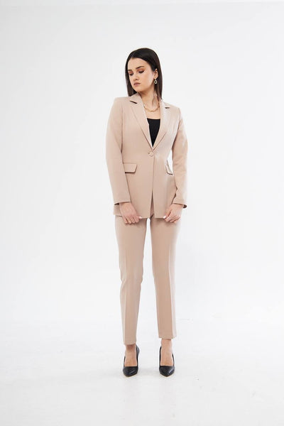 Beige Straight Jacket and Pants Suit Set