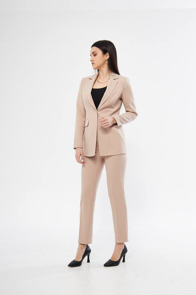 Beige Straight Jacket and Pants Suit Set