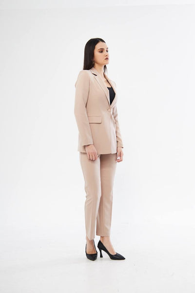 Beige Straight Jacket and Pants Suit Set