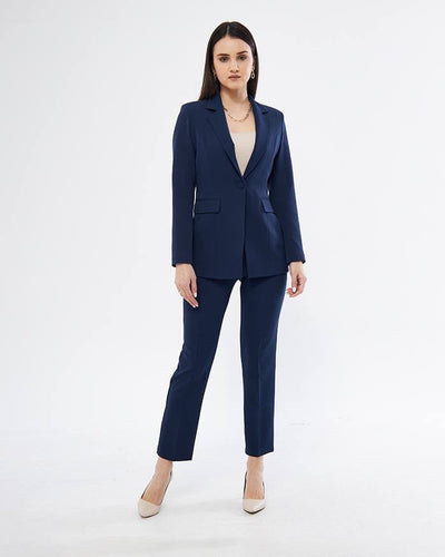 Blue Straight Jacket and Pants Suit Set